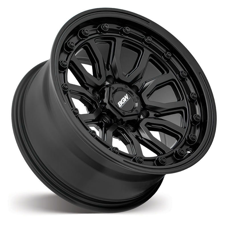 Load image into Gallery viewer, BGW VULCAN Matt Black wheel angle view showing aggressive split-spoke pattern and premium matt black finish