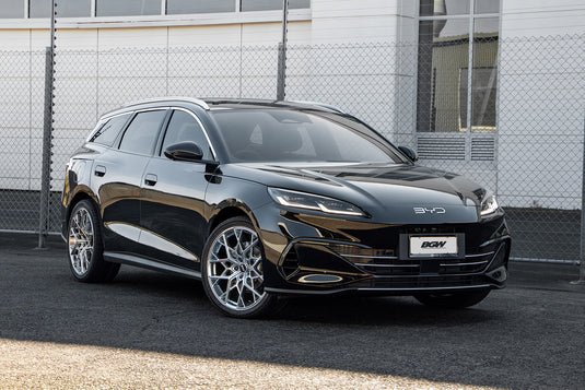 2026 BYD Seal 6 Touring in black fitted with BGW Zurich flow-formed alloy wheels in Hyper Dark — front three-quarter view