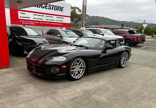 1996 Dodge Viper RT/10 roadster in Black fitted with staggered Covert Forged CF-10 Brushed alloy wheels — 20x10 ET50 front — front three-quarter view at Bridgestone