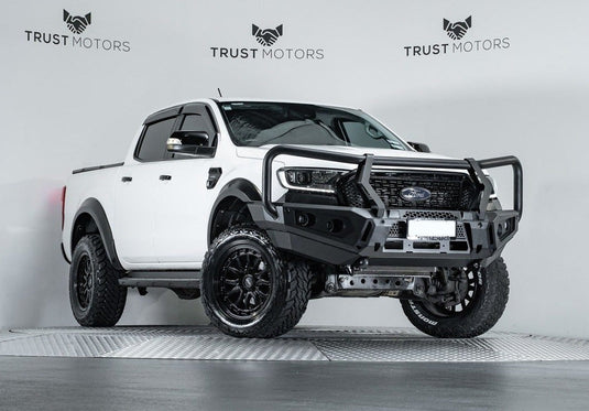 2020 Ford Ranger on BGW Vulcan Matt Black wheels 18x9 ET0 with mud-terrain tyres – front three-quarter view