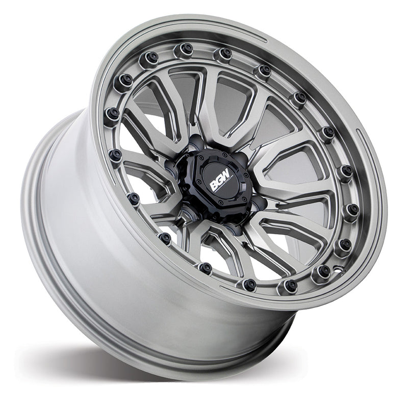 Load image into Gallery viewer, BGW VULCAN Grey wheel angle view showing aggressive split-spoke pattern and premium grey finish
