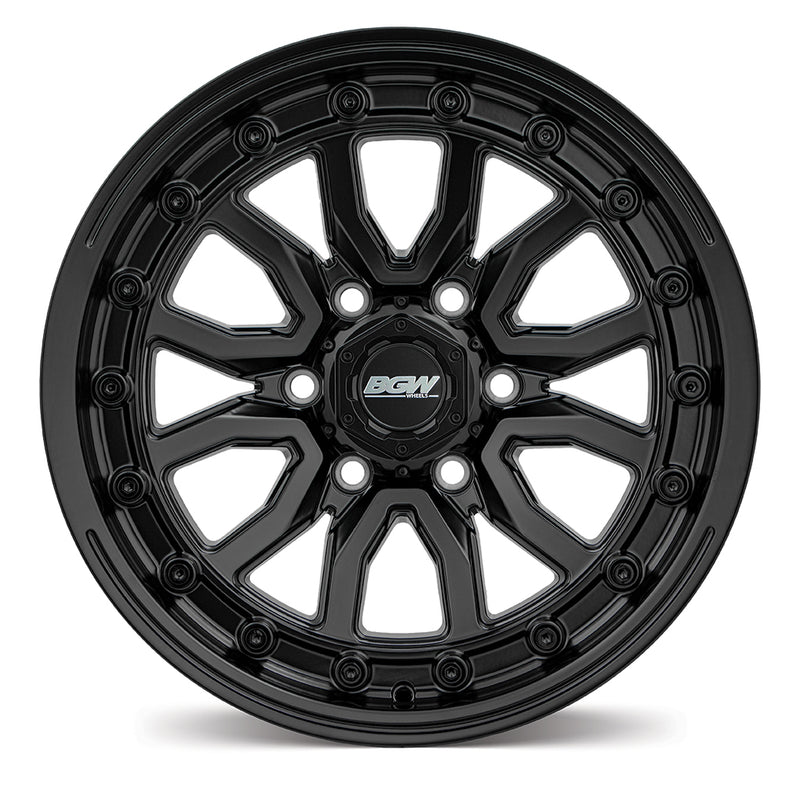 Load image into Gallery viewer, BGW VULCAN Matt Black wheel front view displaying 6/139.7 PCD fitment for Hilux, Ranger, and Triton

