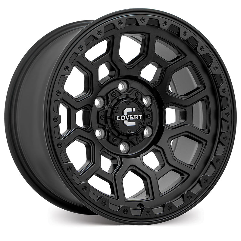 Load image into Gallery viewer, Covert Wheels RTO5 Matt Black alloy wheel - front view showing tactical split-spoke design
