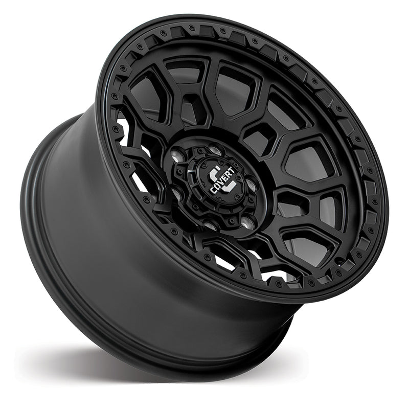 Load image into Gallery viewer, Covert Wheels RTO5 Matt Black alloy wheel - angled view displaying military-inspired spoke configuration
